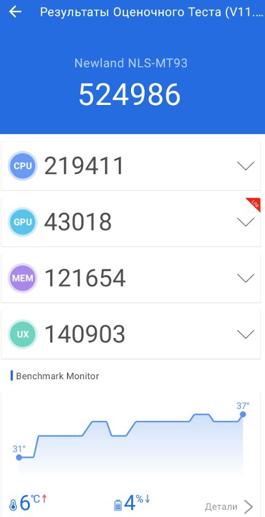 AnTuTu Benchmark V11 первый проход – ТСД Newland MT93 набрал 524 986 баллов.