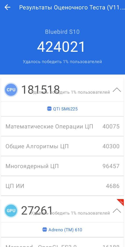 ТСД Bluebird S10 – результаты теста в AnTuTu Benchmark V11: проход 2.